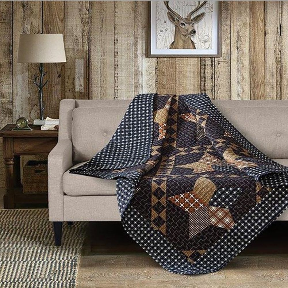 Patchwork Quilted Throw Blanket - Black and Brown